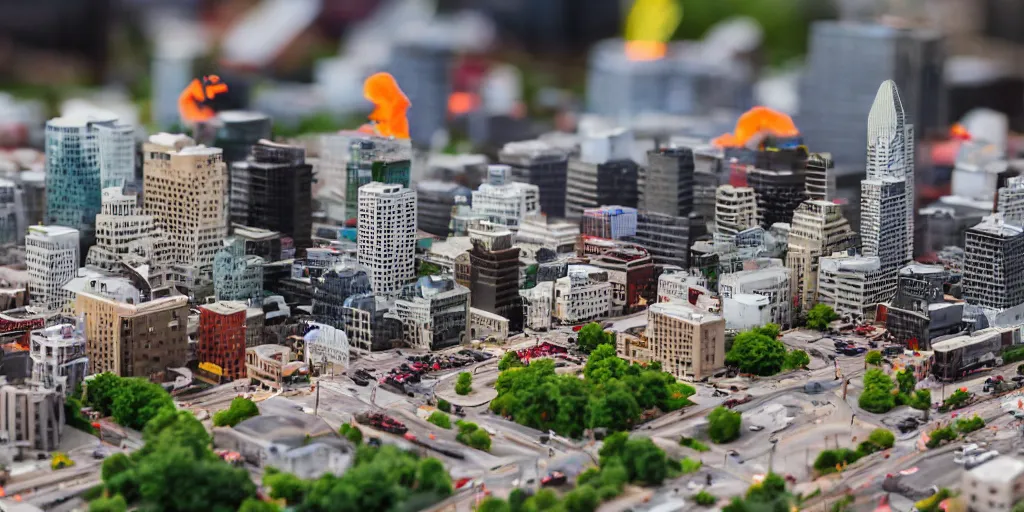 Image similar to a miniature diorama of downtown montreal with volcano mount - royal erupting, olympic stadium on fire, macro photography, tilt shift