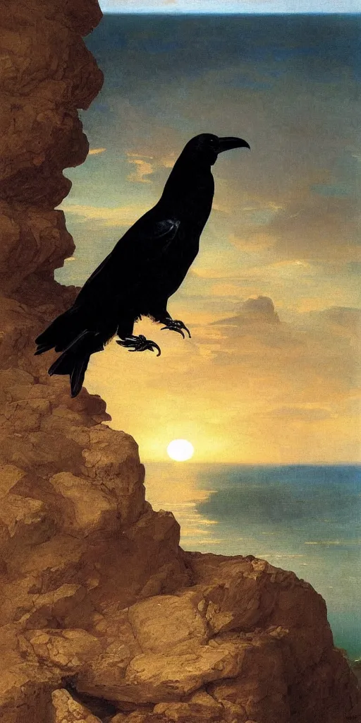 Prompt: a breathtakingly stunningly beautifully highly detailed close up portrait of a raven under a rock arch, epic coves crashing waves plants, beautiful clear harmonious composition, wonderful strikingly beautiful serene sunset, detailed organic textures, by frederic leighton and rosetti and turner and eugene von guerard, 4 k