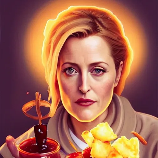 Prompt: Gillian Anderson eating triple big macs, dripping BBQ Sauce, serving big macs, D&D, spilling ketchup, fantasy, intricate, elegant, highly detailed, digital painting, artstation, concept art, matte, sharp focus, illustration, hearthstone, art by Artgerm and Greg Rutkowski and Alphonse Mucha