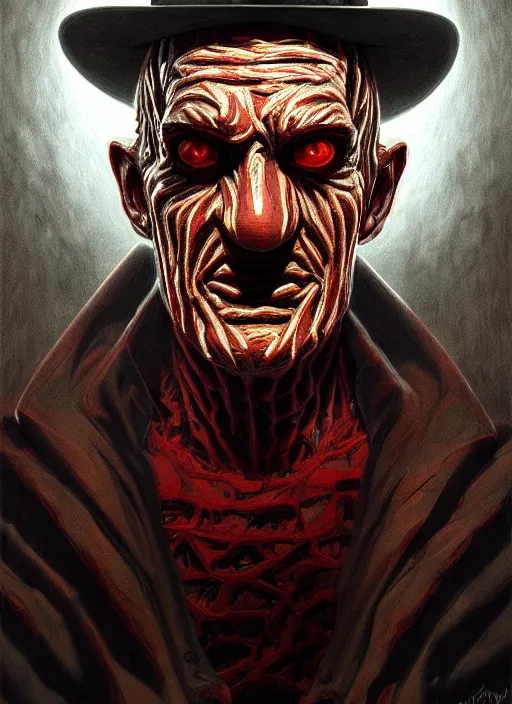 Image similar to symmetry!! portrait of freddy krueger, horror, moody lights!! intricate, scary, highly detailed, digital painting, artstation, concept art, smooth, sharp focus, illustration, art by artgerm and greg rutkowski and alphonse mucha