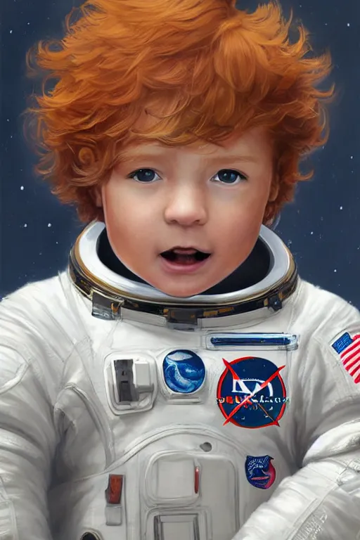 Prompt: a little boy with a cherubic michievous face and ginger hair. he is an astronaut, wearing a space suit. clean elegant painting, beautiful detailed face. by raymond swanland and artgerm and greg rutkowski