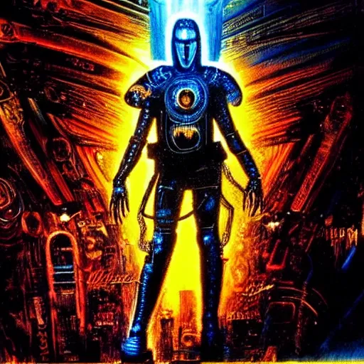 Image similar to keanu reeves as cyberpunk shiva knight, atmospheric lighting, painted, intricate, golden and blue hour, ultra detailed by philippe druillet