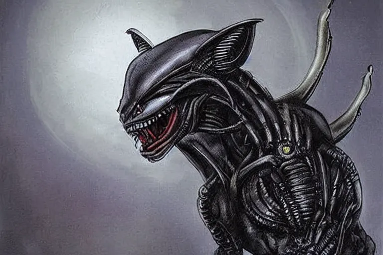 Image similar to a xenomorph cat, a cat designed by hr giger, a cat from the movie alien, hellish, nightmare, terror, horror, cat cat cat, cat hell, cat nightmare, cat alien, movie footage, dramatic lighting, dramatic framing,