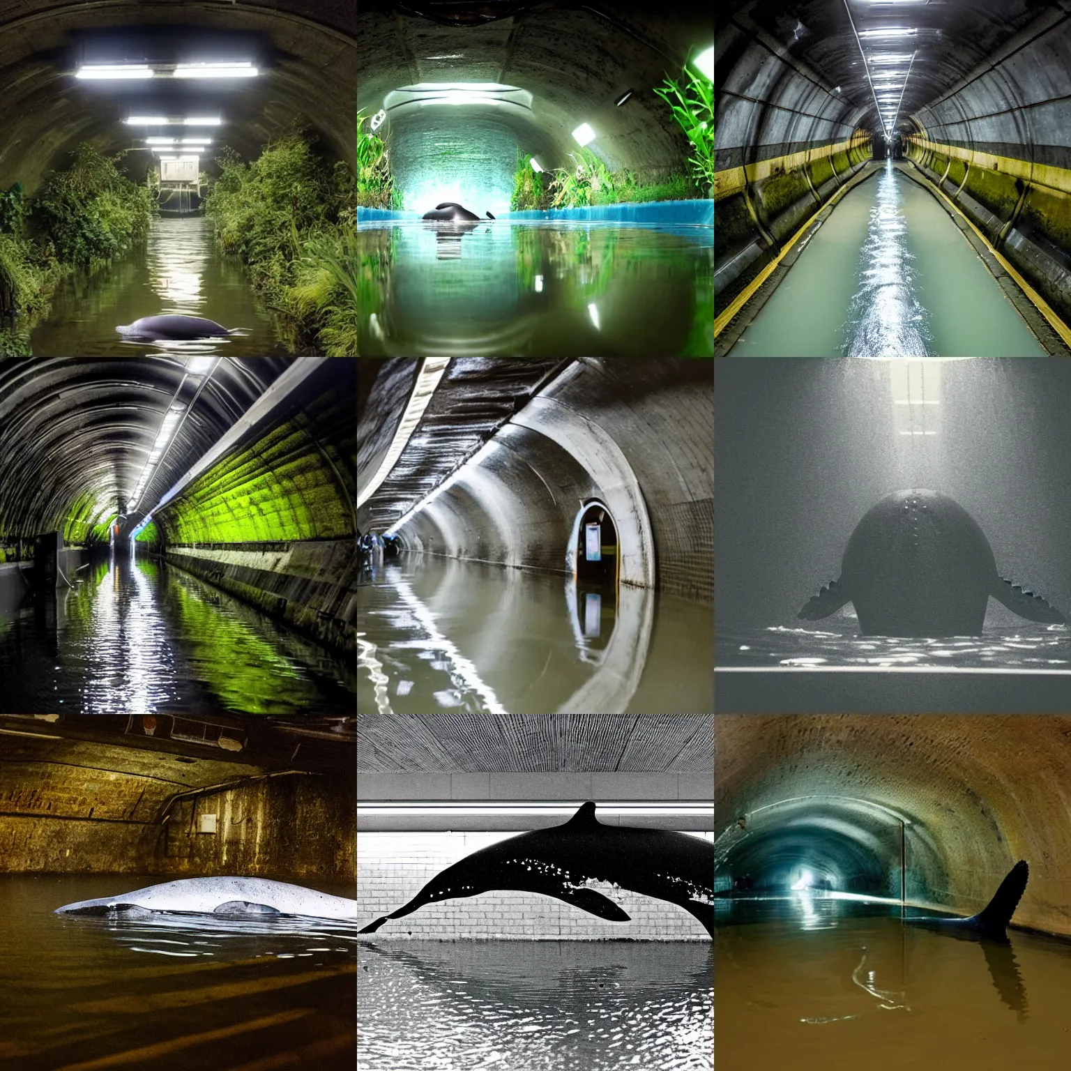 Prompt: a whale alone, in an empty dark flooded london underground tunnel, overgrown with aquatic plants