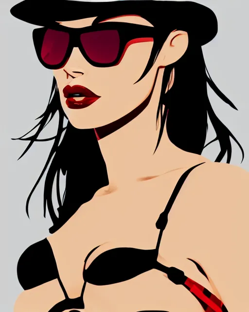 Prompt: closeup portrait of film noir angry megan fox in a bikini wearing a hat and sunglasses, china town, glamour pose, detailed illustration, digital art, trending on artstation, arney freytag, dan mumford, moebius, yoshitaka amano, patrick nagel, graffiti, gta v,