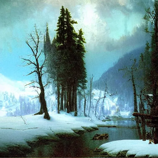 Prompt: Canadian Wilderness by Albert Bierstadt. Epic landscape, winter blizzard. Oil on Canvas. Private Collection