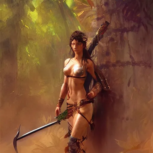 Image similar to a beautiful warrior woman with a legendary sword, detailed, jungle, by craig mullins _ w 7 0 0