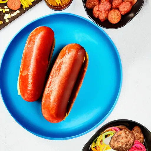 Prompt: professional food photography of blue hotdog