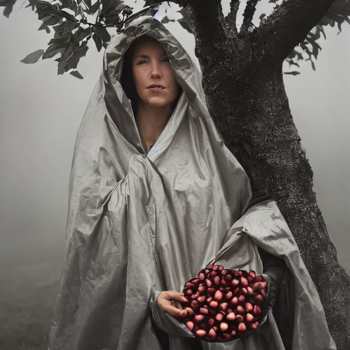 Image similar to a closeup portrait of a woman wearing a hooded cloak made of mylar and polyester, picking pomegranates from a tree in an orchard, foggy, moody, photograph, by vincent desiderio, canon eos c 3 0 0, ƒ 1. 8, 3 5 mm, 8 k, medium - format print