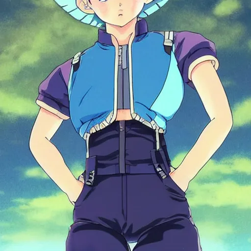 Prompt: a beautiful! boyish! natalie portman bulma from dragonball, alluring gravure! model, wearing hip hop mayan bomber jacket and leotard with native style overalls, bulky poofy bomber jacket with mayan patterns, guilty gear art style, trending on pixiv, painted by makoto shinkai takashi takeuchi studio ghibli, akihiko yoshida