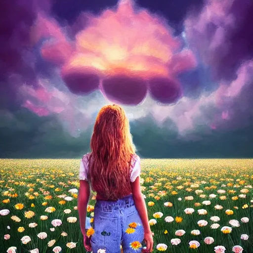 Image similar to head made of daisies, girl standing in a vast flower field, holding flowers, surreal photography, sunrise dramatic light, impressionist painting, colorful clouds, large sky, digital painting, artstation, simon stalenhag, flower face