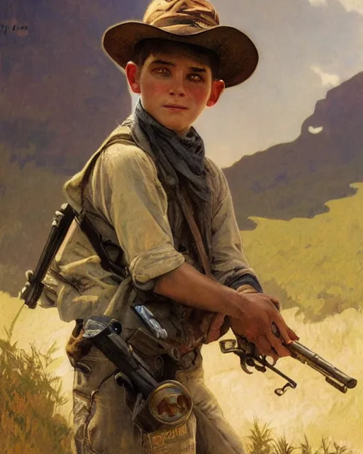 Image similar to side portrait of an Appalachian boy playing with a dusty cap gun, detailed features, dirt, Appalachian mountains, sharp focus, illustration, highly detailed, oil painting, matte, art by Greg Rutkowski and Alphonse Mucha, masterpiece