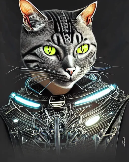 Prompt: A cyborg cat, highly detailed, intricate robotic and electronic patterns, sharp focus, art by Artgerm and Greg Rutkowski and WLOP