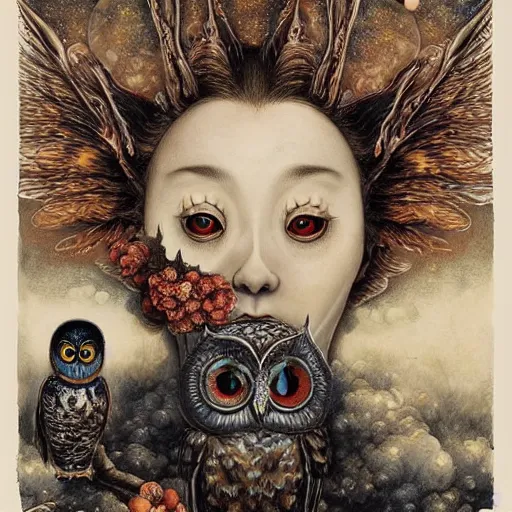 Prompt: A beautiful detailed horror painting 'Owl with galaxy eyes' by Giuseppe Arcimboldo and Takato Yamamoto, Trending on cgsociety artstation, very detailed tumultuous sky in the background by Esao Andrews, 8k, masterpiece, highly detailed.