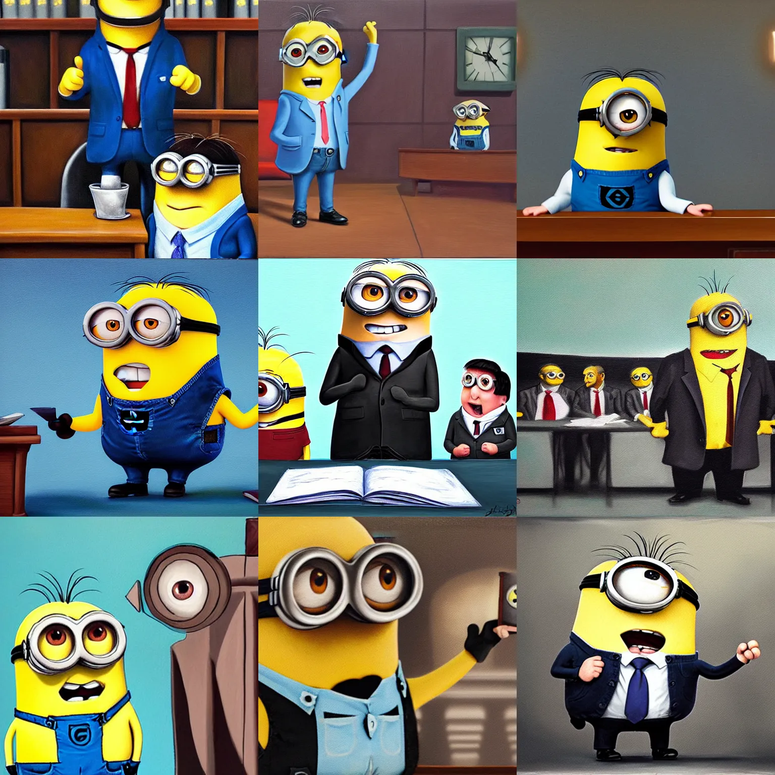 Prompt: A Minion from Despicable Me as an attorney at law arguing his case in front of the jury, oil painting