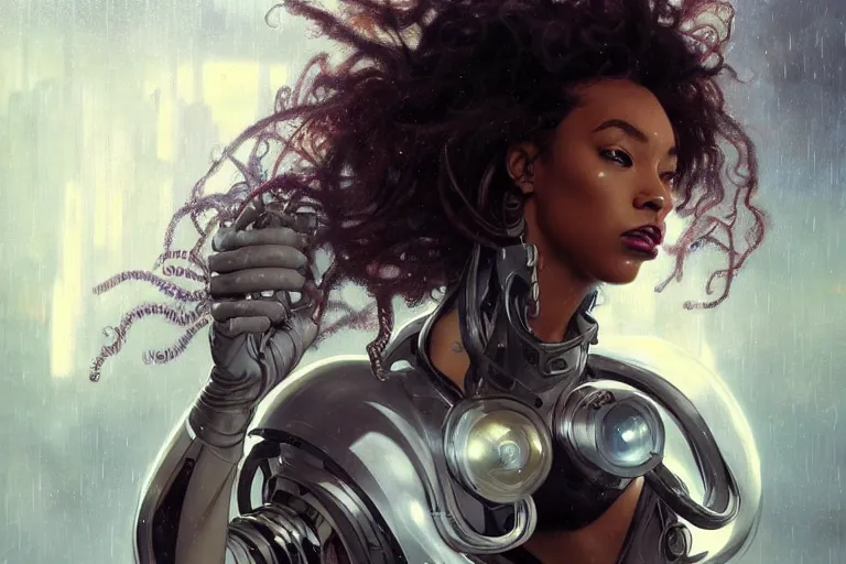 Image similar to cyborg hacker normani as aeon flux profile picture by greg rutkowski, dynamic pose, intricate, futuristic, fantasy, elegant, by stanley artgerm lau, greg rutkowski, thomas kindkade, alphonse mucha, loish, norman rockwell, metal chrome, shiny, rainy day, asymmetric, long afro hair, wires,