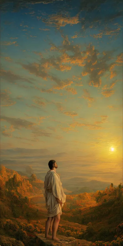 Image similar to symmetry!! god overlooking a surreal landscape of a dream, lucid dream, people, very detailed, serene, peaceful, golden hour, perfect lighting, perfect composition, digital art, illustration, frederic edwin church, 4 k