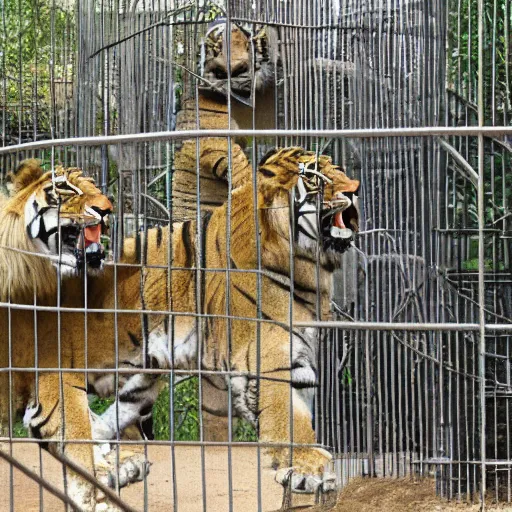 Prompt: lion and a tiger roaring in cage at the zoo