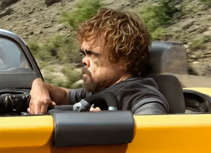 Prompt: peter dinklage driving a little tikes car, racing vin diesel, movie still, explosions in the background, from the new fast and furious movie, 8 k, realistic