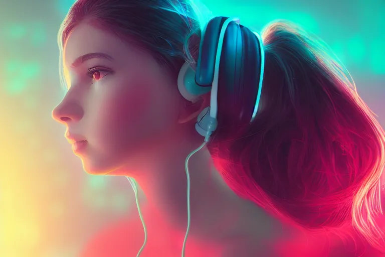 Image similar to a cute girl wearing headphones sitting on a cloud relaxing, misty, glows, digital art, hazy, foggy, red lighting, ambient lighting, 8 k, neon, synthwave, cyberpunk,