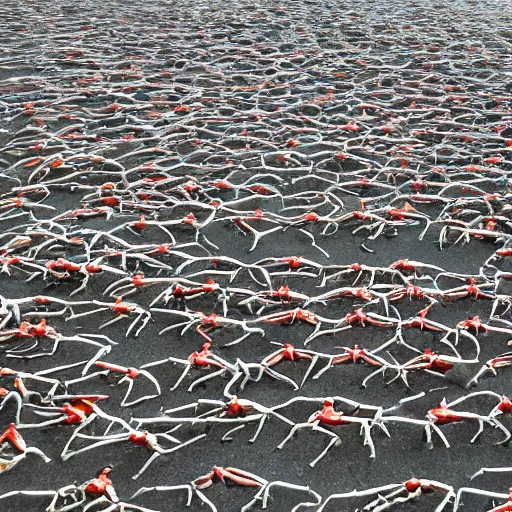 Prompt: crabs lined up in a single file line across a giant perfectly flat concrete plane that goes out as far as the eye can see