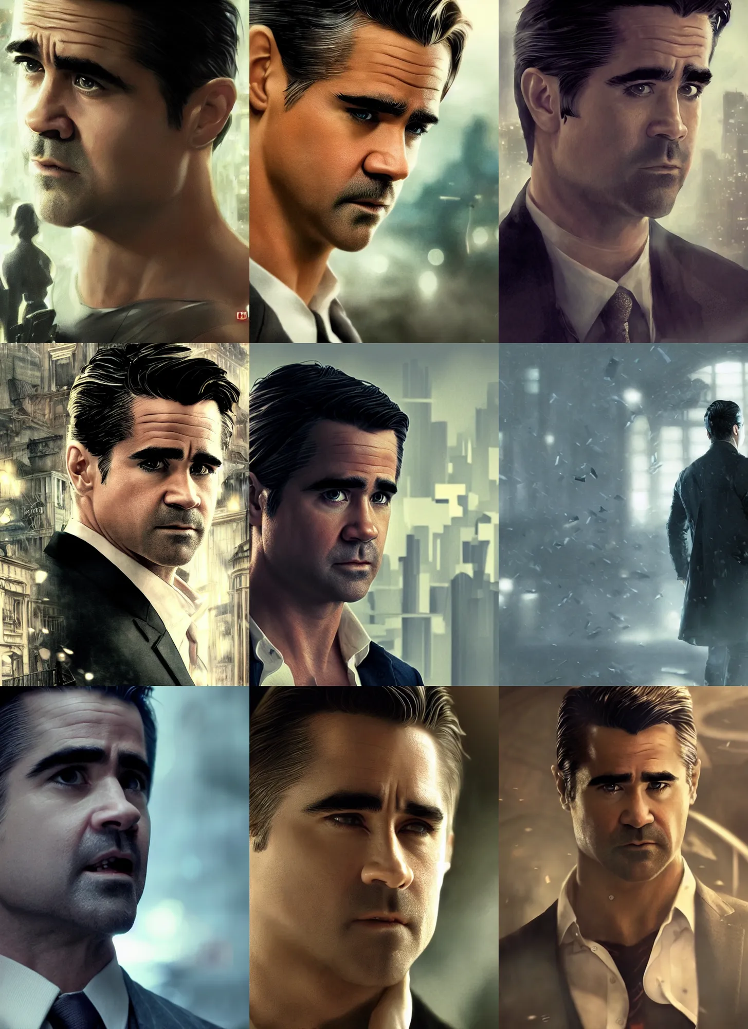 Prompt: colin farrell as bruce wayne, cinematic shot, 8 k, art by artgerm and greg rutkowski and alphonse mucha, movie screenshot