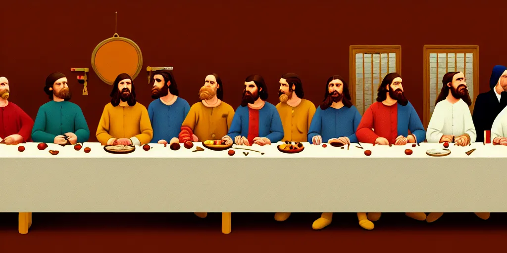 Image similar to wes anderson last supper, digital painting, trending on artstation, sharp focus, 4 k