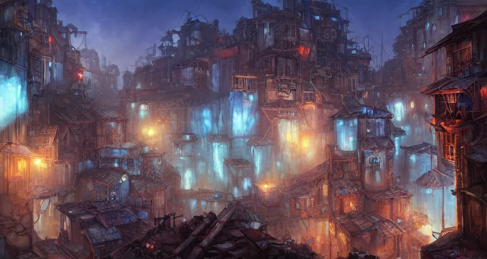 Prompt: landscape painting of the slums at the bottom of a fantasy metal steampunk city that has a light blue glow with walkways and lit windows, magali villeneuve, artgerm, rutkowski