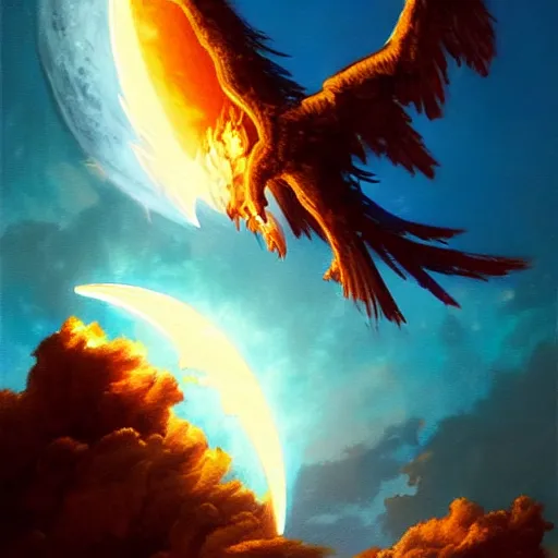 Image similar to blue phoenix flying in front of the moon, glowing light, fire, oil painting by greg rutkowski, 8 k