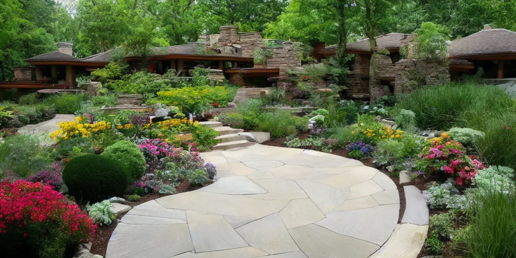 Prompt: small award winning patio designed by frank lloyd wright, with award winning stone work, lots of plants and flowers, on a sunny day, photo