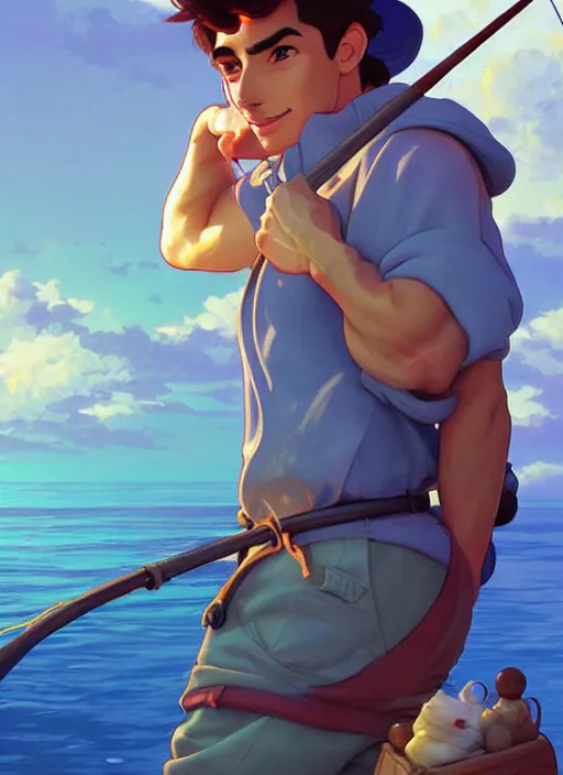 Prompt: cute fisherman chris mears, natural lighting, path traced, highly detailed, high quality, digital painting, by don bluth and ross tran and studio ghibli and alphonse mucha, artgerm