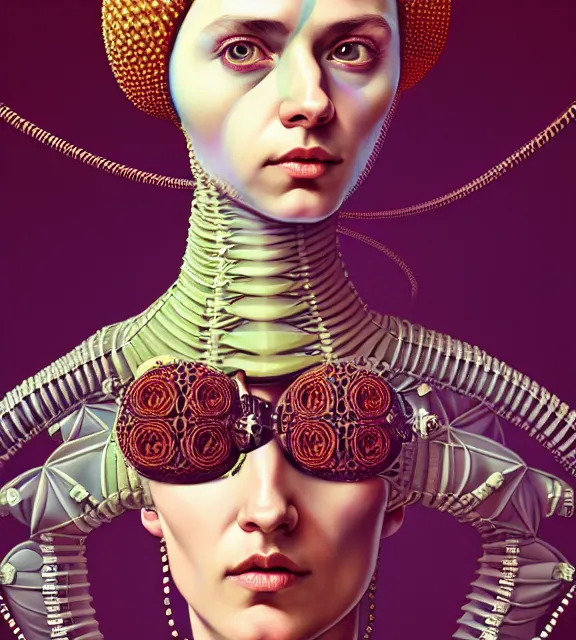 Image similar to colour caravaggio style photography of highly detailed beautiful woman with 1 0 0 0 years perfect face and wearing detailed ukrainian folk costume designed by taras shevchenko also wearing highly detailed retrofuturistic sci - fi neural interface designed by josan gonzalez. many details in style of josan gonzalez and mike winkelmann and andgreg rutkowski and alphonse muchaand