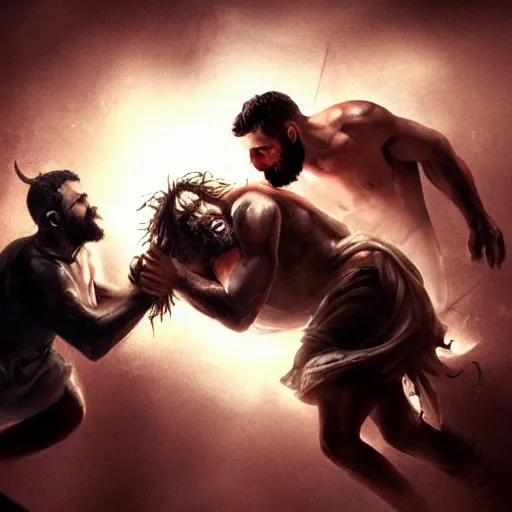 Image similar to Jesus beating up Satan on the floor, dynamic lighting, photorealistic concept art, trending on art station, stunning visuals, creative, cinematic, ultra detailed