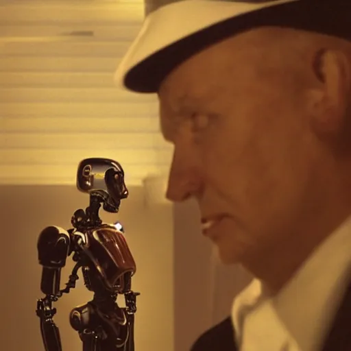 Image similar to movie scene of a man with a robot head, movie still, acting, cinematic composition, cinematic lighting, Movie by David Lynch and Andrzej Żuławski, trending on artsation