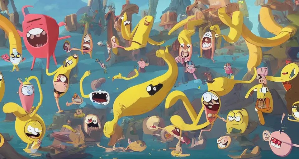 Image similar to cartoon bananas with wings and beaks, swimming in ice - cream, in the style of adventure time, the amazing world of gumball, pixar, toki doki, greg rutkowski and makoto shinkai, trending on artstation