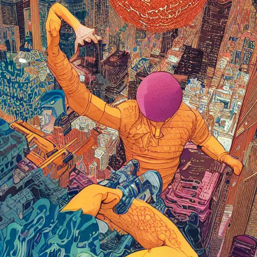Prompt: invincible man show hyperviolent detailed maximalist hyperrealism psychedelic by victo ngai and moebius