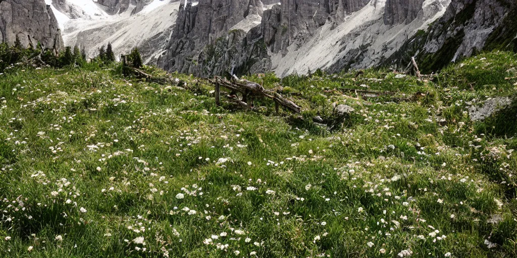 Prompt: old alpine root maze being overgrown by edelweiss, dolomites, juniper, wicca, low saturation, portrait _ photography _ artstation _ digital _ art _ adward _ winning