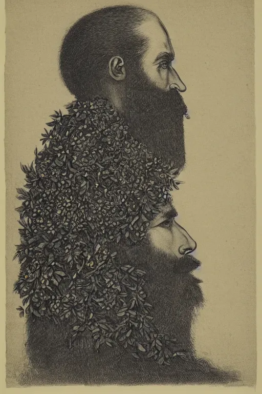 Image similar to a man's face in profile, with a long beard made of flowers and fruit, in the style of the dutch masters, dark and moody