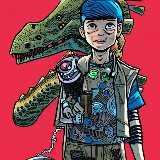 Image similar to intricate detailed full-page comic book cover illustration of a cyborg punk street kid with a pet dinosaur, no speech bubbles, cyberpunk