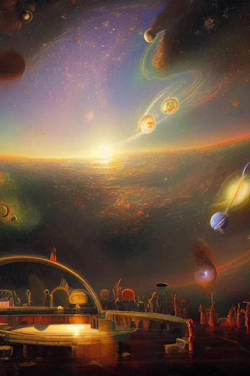Prompt: a beautiful painting of a large orbital cafe, stars and nebulas in the sky, moebius, thomas cole, patrick markle, oil on canvas, 8 k, 4 k, highly detailed