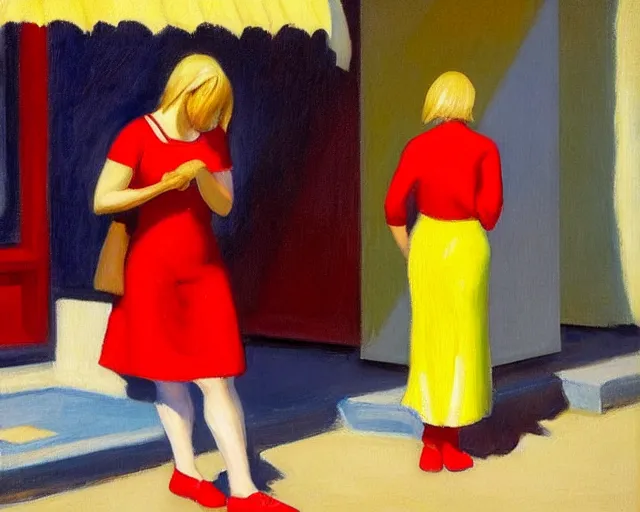 Prompt: blond woman with red and blue shoes in israel, salsa vendor, oil on canvas by edward hopper