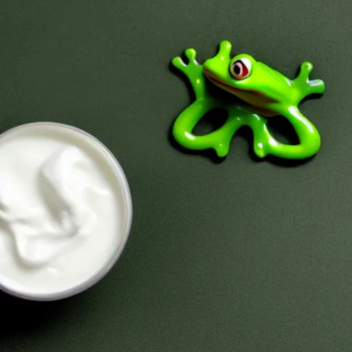 Image similar to a frog emerging from under bath of yogurt and milk