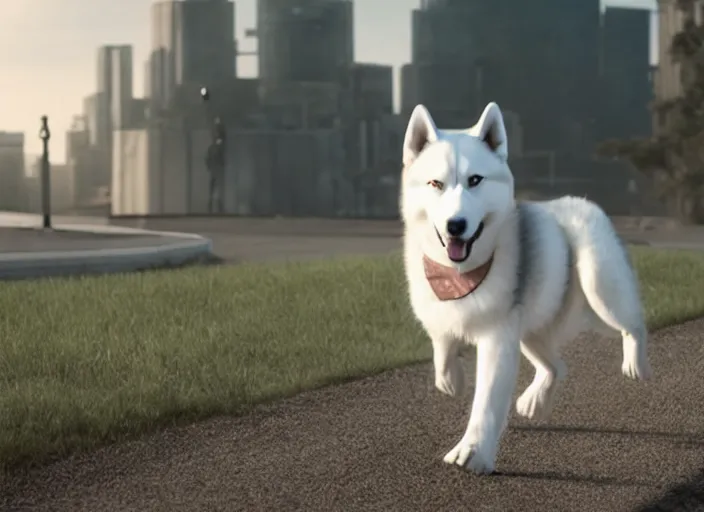 Image similar to film still of an anthropomorphic upright white vested husky in a white vest wearing a white vest in the new sci - fi movie, 8 k