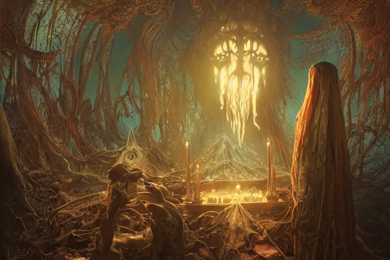 Image similar to a lovecraftian painting of a demonic shrine, occult, paigan ritual, masked cult members, cosmic horror elements, ultra realistic, concept art, intricate details, eerie, highly detailed, photorealistic, octane render, 8 k, unreal engine. art by artgerm and greg rutkowski and alphonse mucha