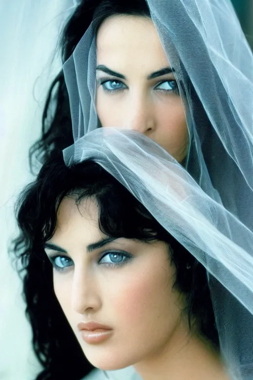 Image similar to young arab Monica Bellucci, blue eyes, long wavy black hair, white veil, closeup, focus, colored