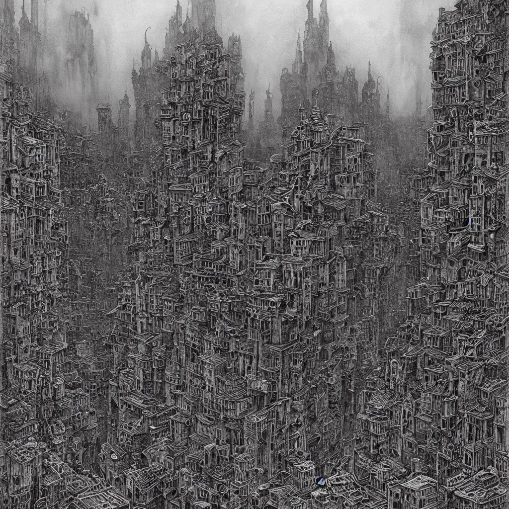 Prompt: old city inhabited by feeble eldritch beings, clear view of lovecraftian civilians, by Mattias Adolfsson, by Zdzisław Beksiński, greeble, modern European ink painting, watercolor, dystopian, surrealism