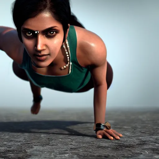 Image similar to indian woman doing push ups, ultra realistic, concept art, intricate details, highly detailed, photorealistic, octane render, 8 k, unreal engine