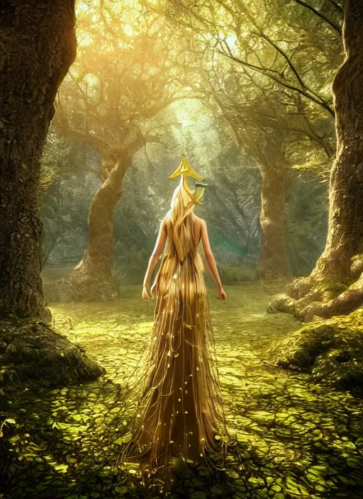 Image similar to magical forest with gold and silver leafs, music, girl with blond long hair back view, elves, lord of the rings style, ultra detailed, trending on artstation, concept art, octane render, unreal engine,