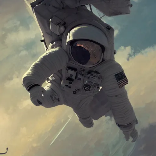 Image similar to astronaut falling through the clouds in jupiter, by cedric peyravernay, highly detailed, excellent composition, cinematic concept art, dramatic lighting, trending on artstation