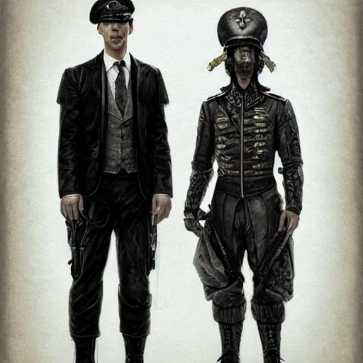 Image similar to portrait of both john oliver and adam driver standing together looking stoic, full body, military uniform, fantasy, intricate, elegant, beautiful, highly detailed, charcoal, centered, dark, smokey, digital painting, artstation, concept art, smooth, sharp focus, illustration, art by artgerm and greg rutkowski and alphonse mucha